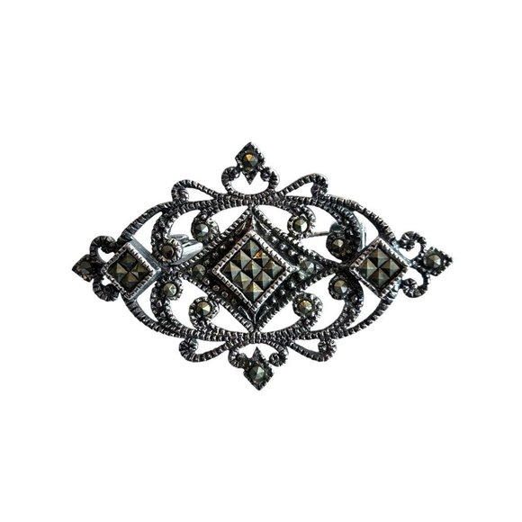 Marcasite Sterling Silver Art Deco Style Brooch Pin 1 3/4" in Box - Picture 1 of 5